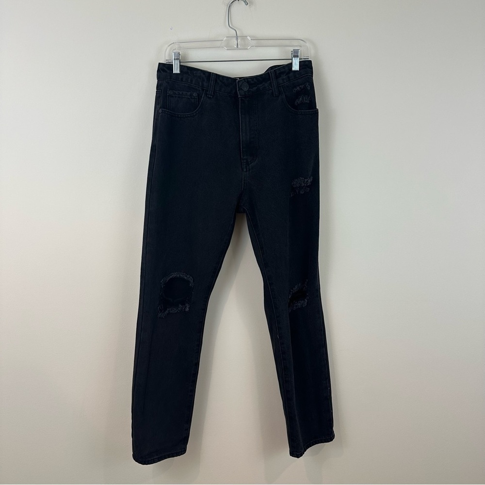 Princess Polly Black Denim Distressed Mom Straight Leg Jeans Size 8